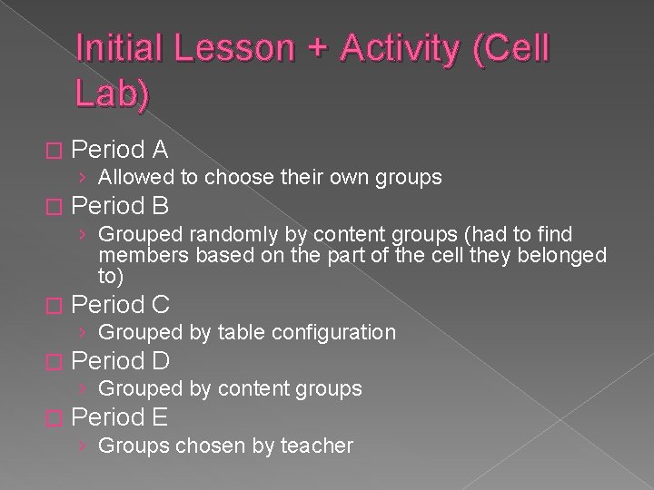 Initial Lesson + Activity (Cell Lab) � Period A › Allowed to choose their