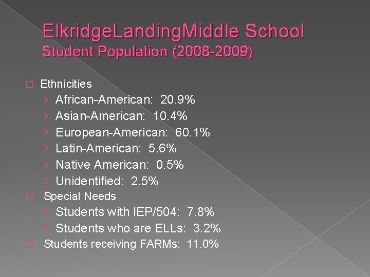 Elkridge. Landing. Middle School Student Population (2008 -2009) � Ethnicities › › › �