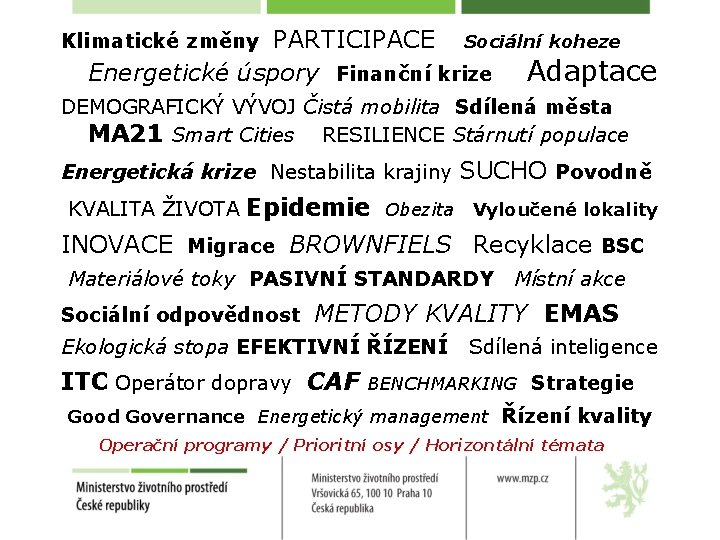 PARTICIPACE Sociální koheze Energetické úspory Finanční krize Adaptace Klimatické změny DEMOGRAFICKÝ VÝVOJ Čistá mobilita