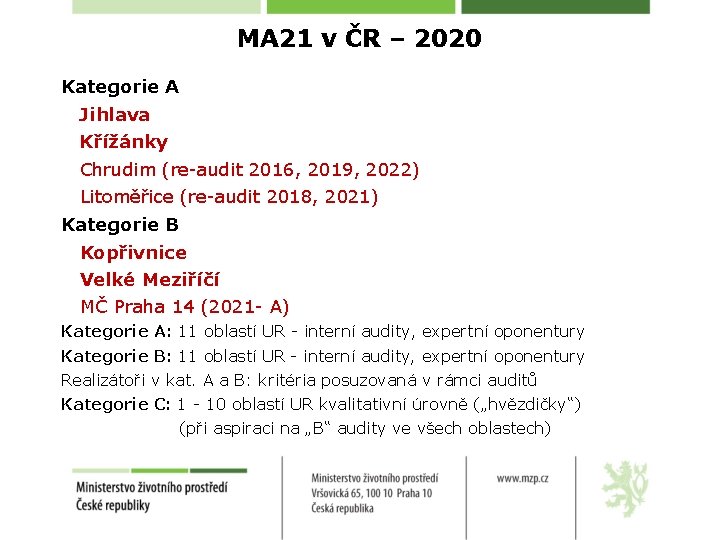 MA 21 v ČR – 2020 Kategorie A Jihlava Křížánky Chrudim (re-audit 2016, 2019,