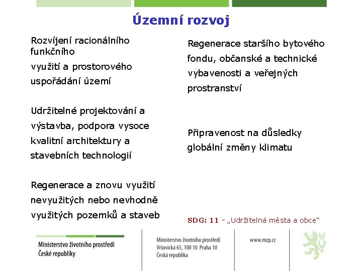 Územní rozvoj Rozvíjení racionálního funkčního využití a prostorového uspořádání území Regenerace staršího bytového fondu,