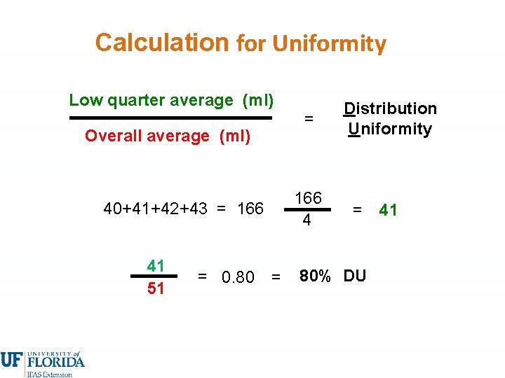 Calculation for Uniformity Low quarter average (ml) Overall average (ml) 40+41+42+43 = 166 41