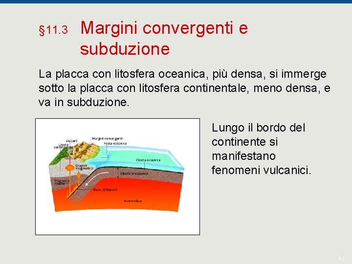 § 11. 3 Margini convergenti e subduzione La placca con litosfera oceanica, più densa,