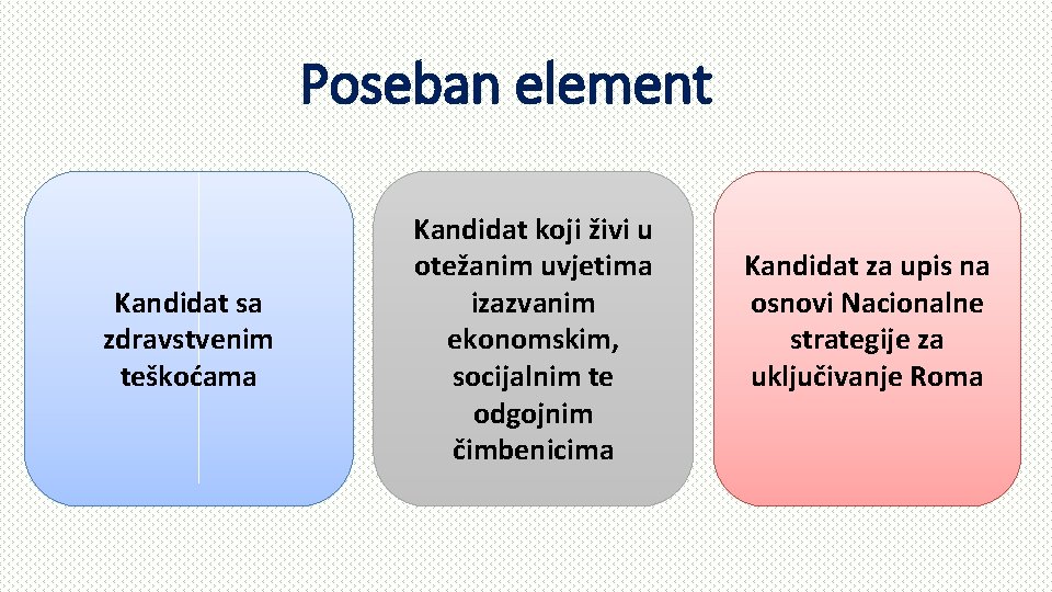 Poseban element Kandidat sa zdravstvenim teškoćama Kandidat koji živi u otežanim uvjetima izazvanim ekonomskim,