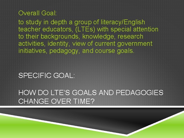 Overall Goal: to study in depth a group of literacy/English teacher educators, (LTEs) with