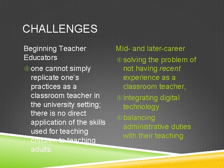 CHALLENGES Beginning Teacher Educators one cannot simply replicate one’s practices as a classroom teacher