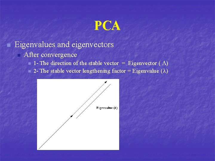 PCA n Eigenvalues and eigenvectors n After convergence n n 1 - The direction