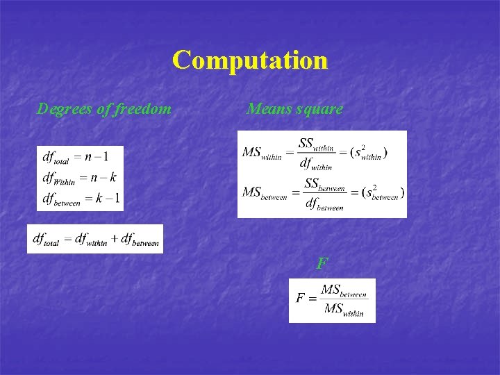 Computation Degrees of freedom Means square F 