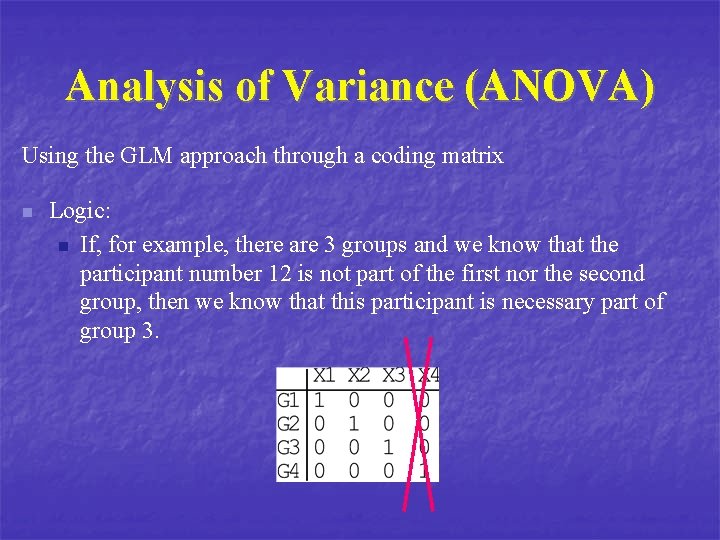 Analysis of Variance (ANOVA) Using the GLM approach through a coding matrix n Logic: