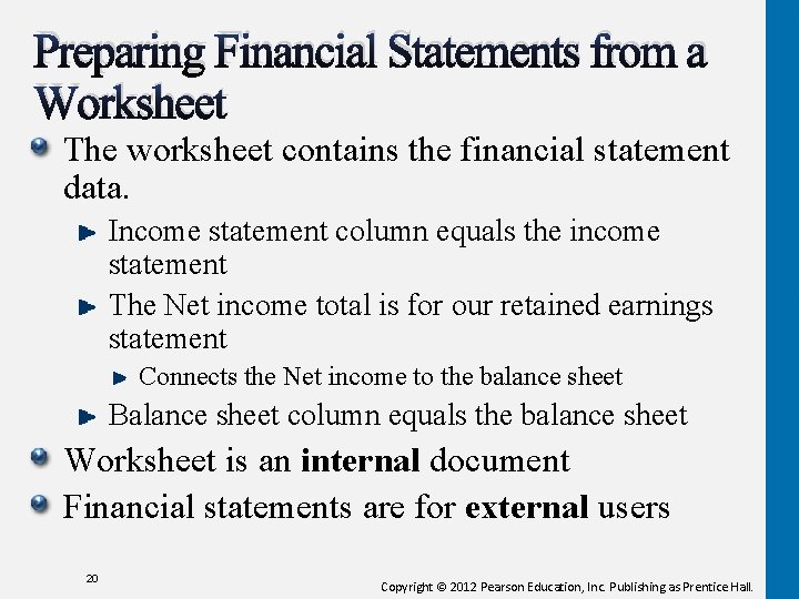 Preparing Financial Statements from a Worksheet The worksheet contains the financial statement data. Income