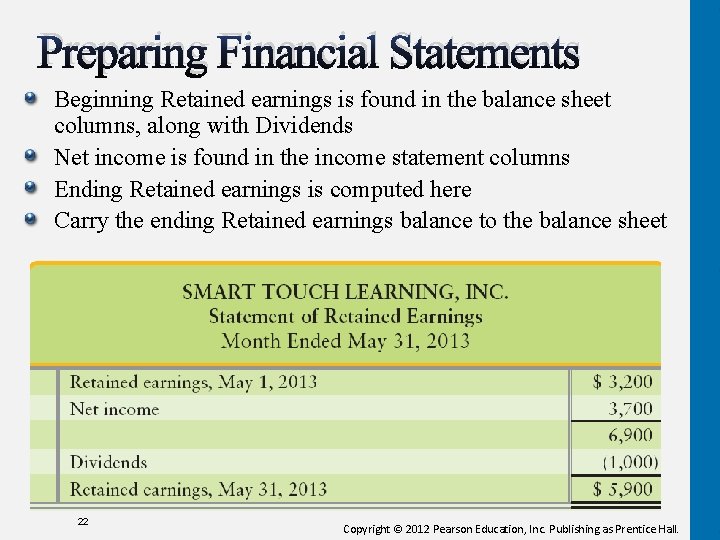 Preparing Financial Statements Beginning Retained earnings is found in the balance sheet columns, along