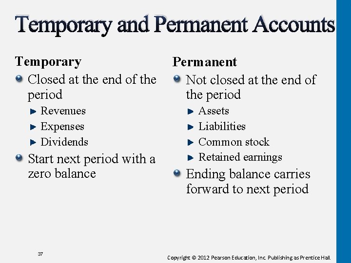 Temporary and Permanent Accounts Temporary Closed at the end of the period Revenues Expenses