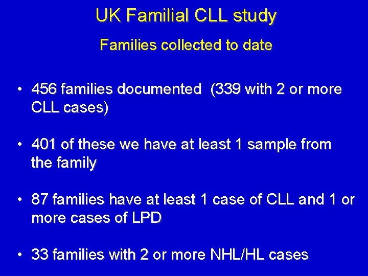 UK Familial CLL study Families collected to date • 456 families documented (339 with