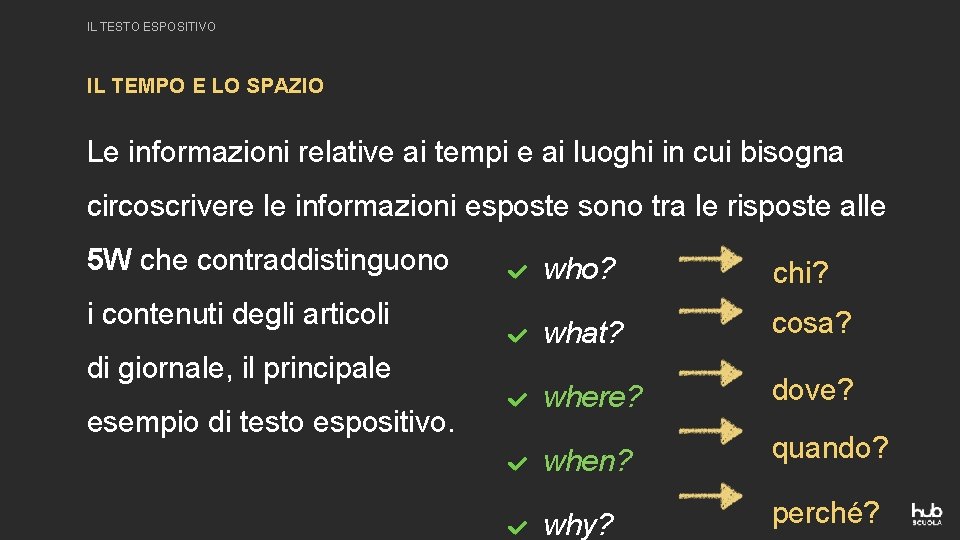 IL TESTO ESPOSITIVO IL TEMPO E LO SPAZIO Le informazioni relative ai tempi e