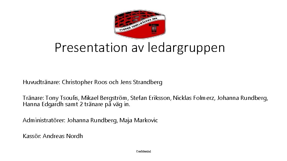 Presentation av ledargruppen Huvudtränare: Christopher Roos och Jens Strandberg Tränare: Tony Tsoulis, Mikael Bergström,