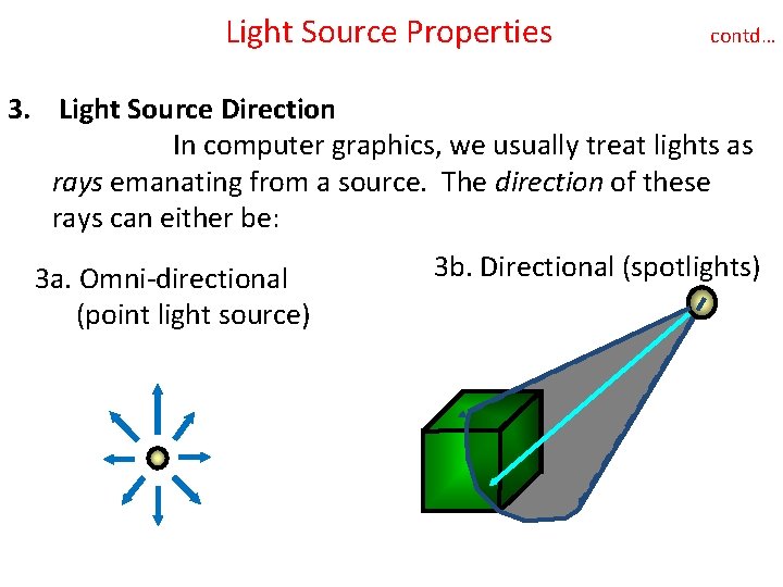 Light Source Properties contd… 3. Light Source Direction In computer graphics, we usually treat