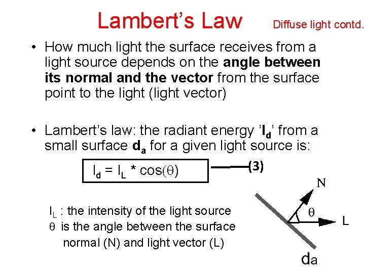 Lambert’s Law Diffuse light contd. . • How much light the surface receives from