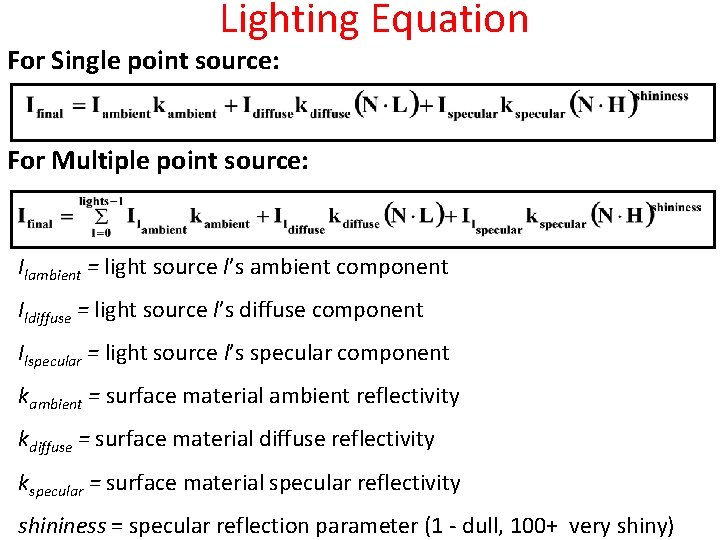 Lighting Equation For Single point source: For Multiple point source: Ilambient = light source