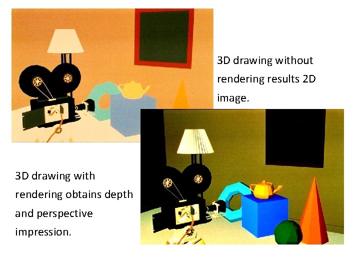 3 D drawing without rendering results 2 D image. 3 D drawing with rendering