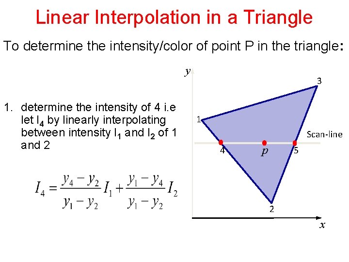 Linear Interpolation in a Triangle To determine the intensity/color of point P in the