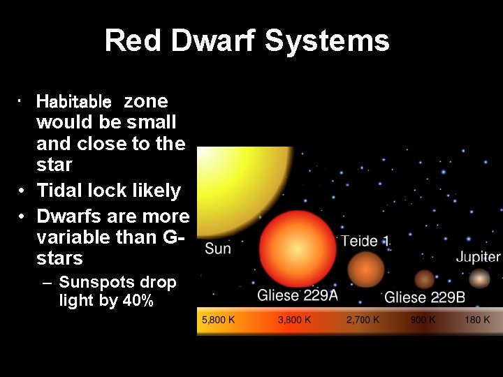 Red Dwarf Systems • Habitable zone would be small and close to the star