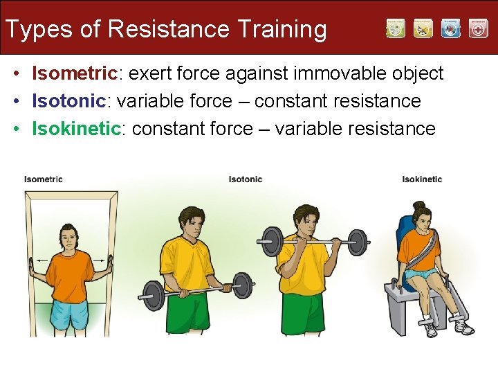 Types of Resistance Training • Isometric: exert force against immovable object • Isotonic: variable Types of Resistance Training • Isometric: exert force against immovable object • Isotonic: variable