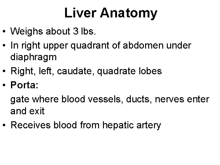 Liver Anatomy • Weighs about 3 lbs. • In right upper quadrant of abdomen