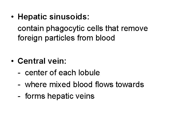  • Hepatic sinusoids: contain phagocytic cells that remove foreign particles from blood •