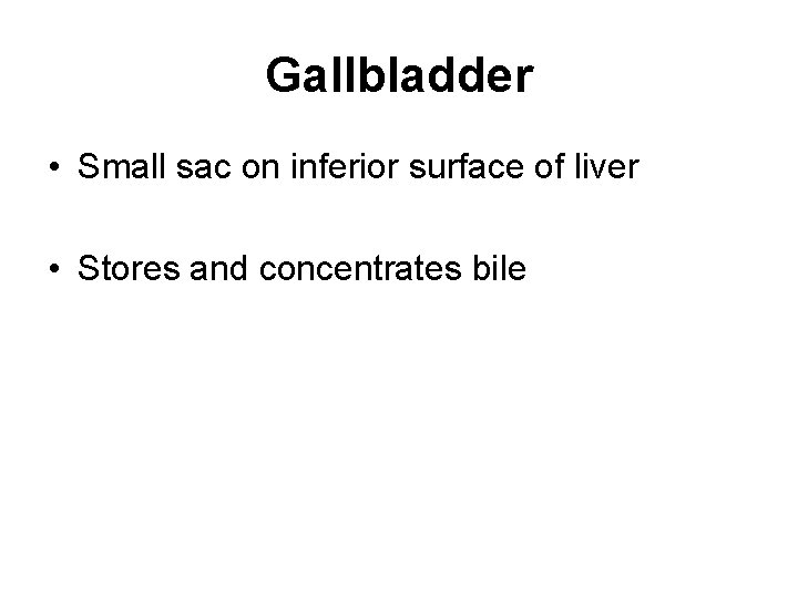 Gallbladder • Small sac on inferior surface of liver • Stores and concentrates bile