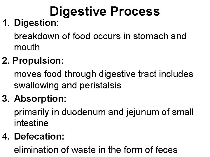 Digestive Process 1. Digestion: breakdown of food occurs in stomach and mouth 2. Propulsion: