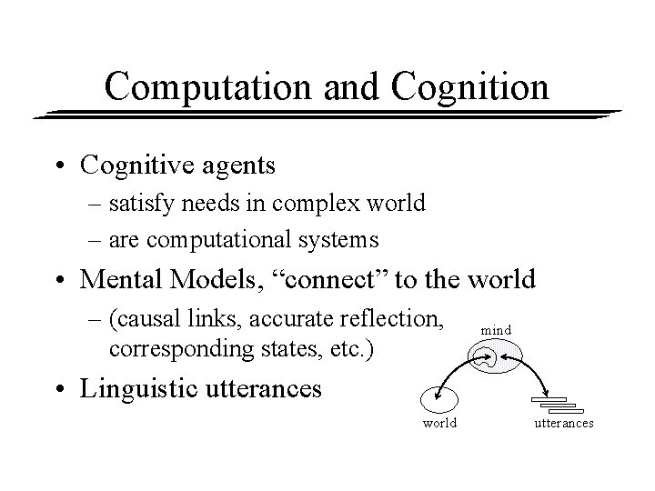 Computation and Cognition • Cognitive agents – satisfy needs in complex world – are