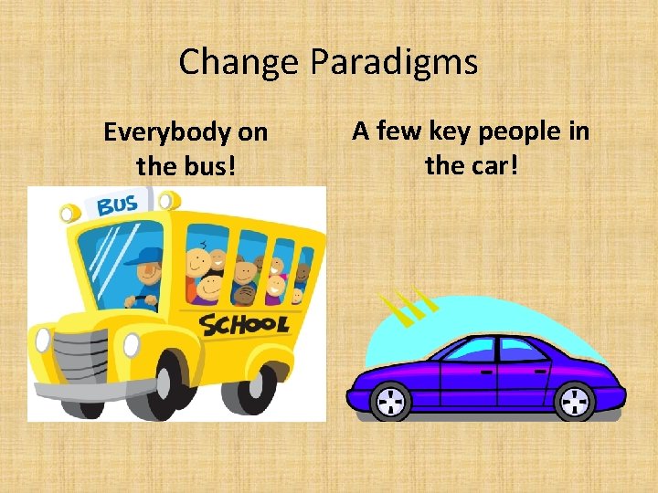 Change Paradigms Everybody on the bus! A few key people in the car! 