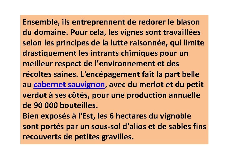 Ensemble, ils entreprennent de redorer le blason du domaine. Pour cela, les vignes sont