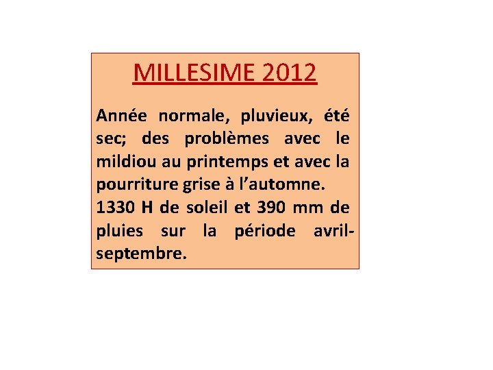 MILLESIME 2012 Année normale, pluvieux, été sec; des problèmes avec le mildiou au printemps