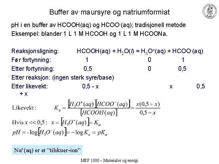 Buffer av maursyre og natriumformiat p. H i en buffer av HCOOH(aq) og HCOO-(aq);