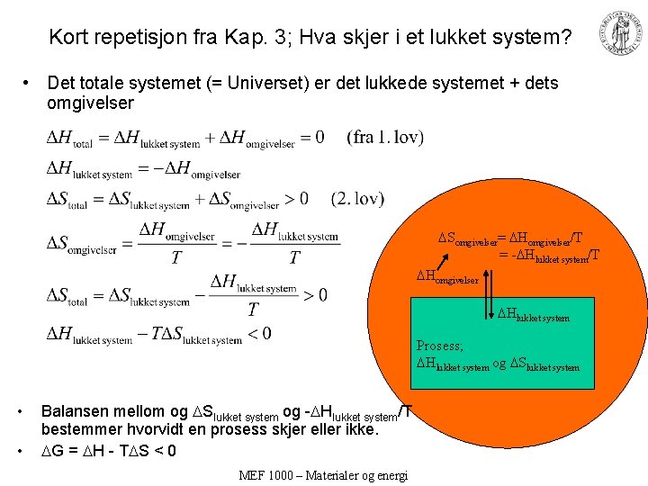 Kort repetisjon fra Kap. 3; Hva skjer i et lukket system? • Det totale