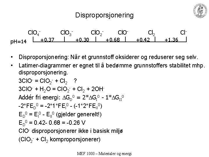 Disproporsjonering Cl. O 4 p. H=14 +0. 37 Cl. O 3 - +0. 30