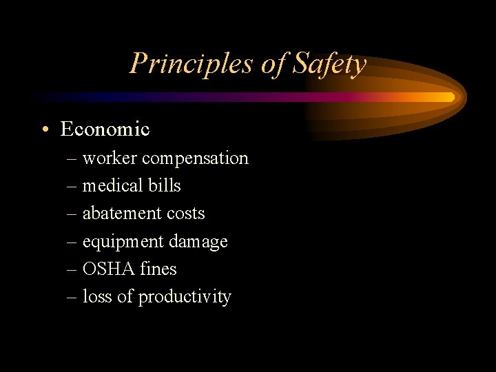 Principles of Safety • Economic – worker compensation – medical bills – abatement costs