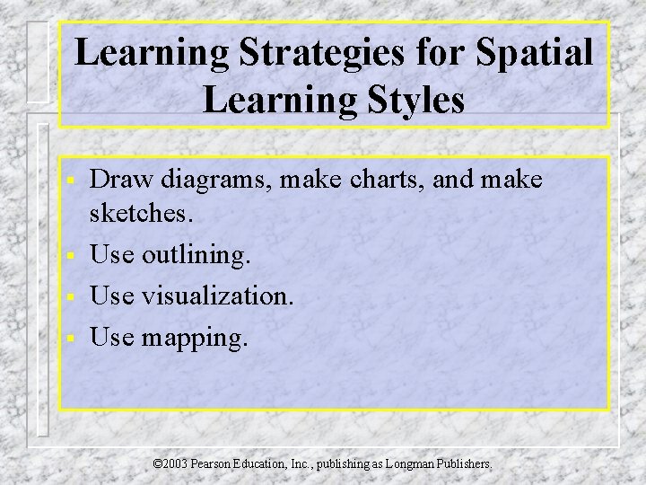 Learning Strategies for Spatial Learning Styles § § Draw diagrams, make charts, and make
