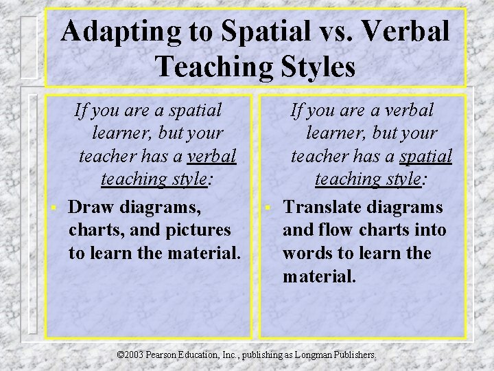 Adapting to Spatial vs. Verbal Teaching Styles § If you are a spatial learner,