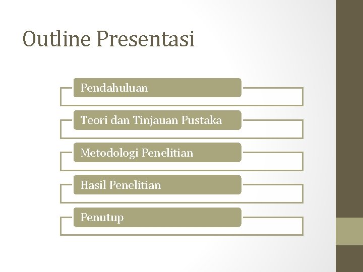 Outline Presentasi Pendahuluan Teori dan Tinjauan Pustaka Metodologi Penelitian Hasil Penelitian Penutup 