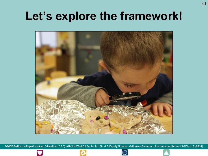 30 Let’s explore the framework! © 2015 California Department of Education (CDE) with the