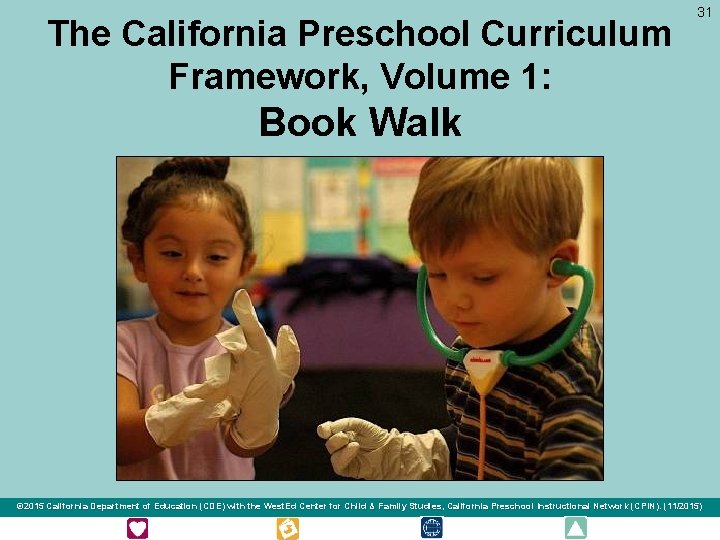 The California Preschool Curriculum Framework, Volume 1: 31 Book Walk © 2015 California Department