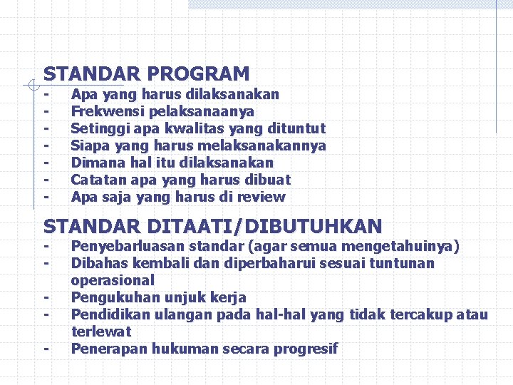 STANDAR PROGRAM - Apa yang harus dilaksanakan Frekwensi pelaksanaanya Setinggi apa kwalitas yang dituntut