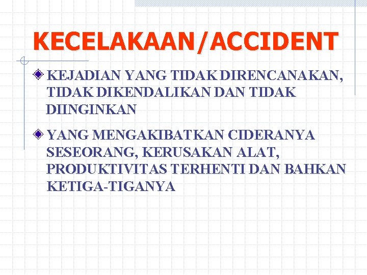 KECELAKAAN/ACCIDENT KEJADIAN YANG TIDAK DIRENCANAKAN, TIDAK DIKENDALIKAN DAN TIDAK DIINGINKAN YANG MENGAKIBATKAN CIDERANYA SESEORANG,