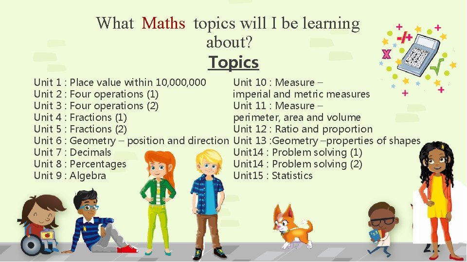 What Maths topics will I be learning about? Topics Unit 1 : Place value