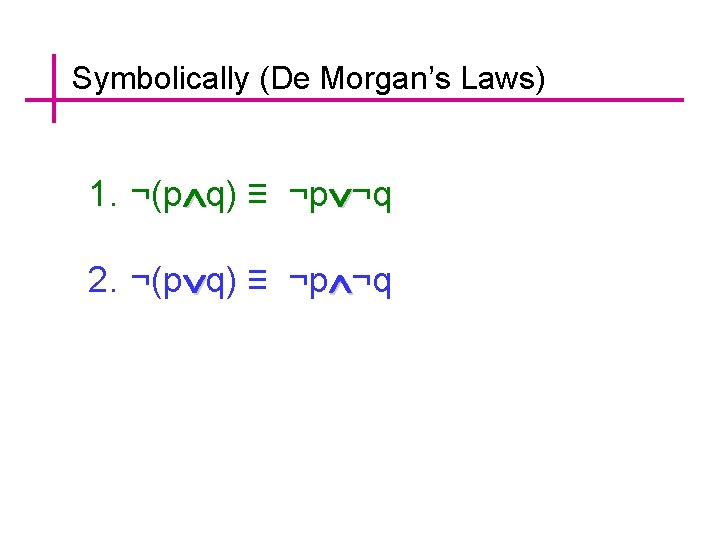 Symbolically (De Morgan’s Laws) 1. ¬(p q) ≡ ¬p ¬q 2. ¬(p q) ≡