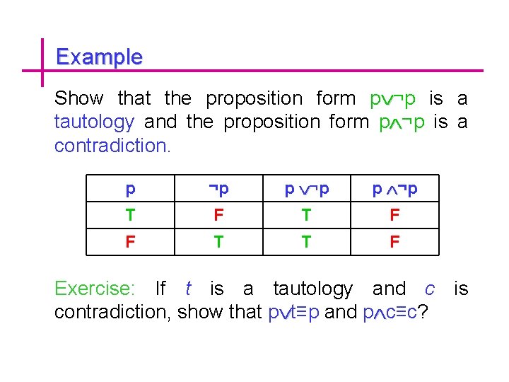 Example Show that the proposition form p ¬p is a tautology and the proposition