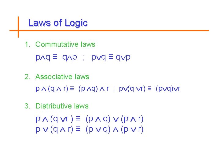 Laws of Logic 1. Commutative laws p q ≡ q p ; p q