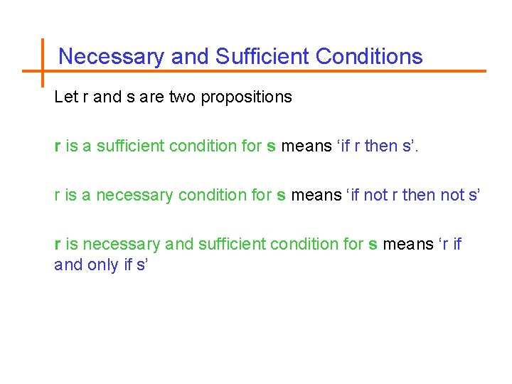 Necessary and Sufficient Conditions Let r and s are two propositions r is a